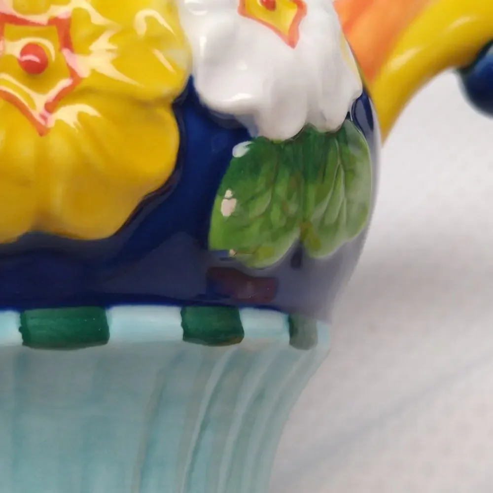 Department 56 Primrose Sugar Creamer Set Floral 3D Blue Yellow 1990s Vintage
